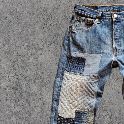 刺し子 パッチワーク デニムパンツ ジーンズ Levi's501 W32