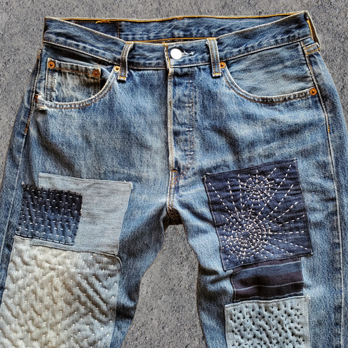 刺し子 パッチワーク デニムパンツ ジーンズ Levi's501 W32 刺し子 パッチワーク デニムパンツ ジーンズ Levi's501 W32