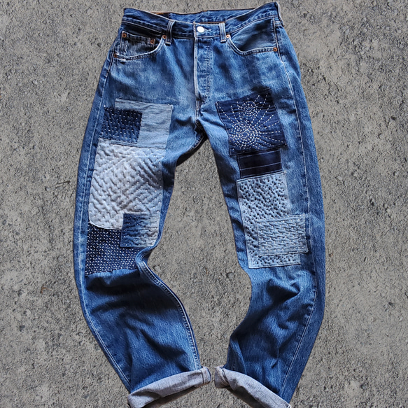刺し子 パッチワーク デニムパンツ ジーンズ Levi's501 W32 刺し子 パッチワーク デニムパンツ ジーンズ Levi's501 W32