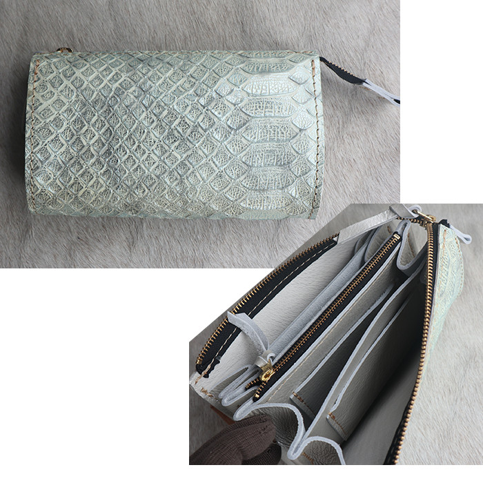 光沢あるパイソン革の長財布/きらきら光る革/LV-パイソンうっすらグリーン