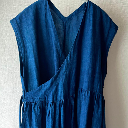 古布藍染フレンチ袖ロングワンピース 即納】リネンのカシュクールワンピ 藍染め セオリツドレス フレンチ