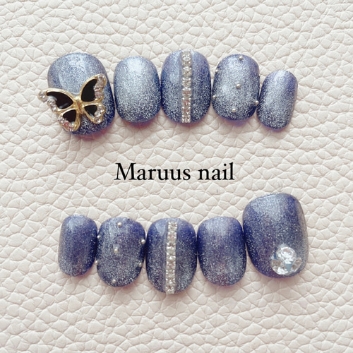 ダークパープルマグネット蝶々ネイルチップ ネイルチップ（つけ爪  