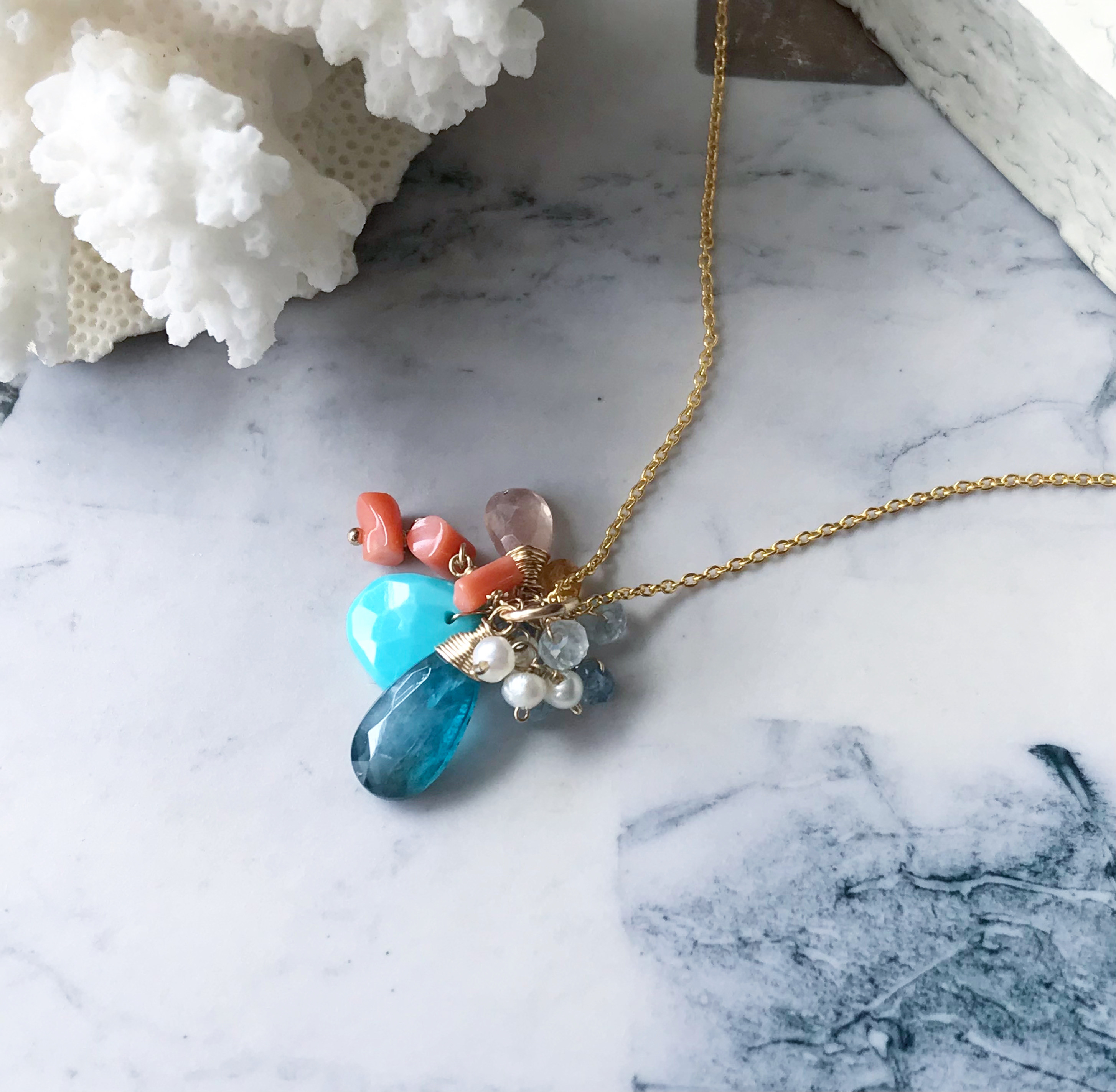 『再販』【K14gf】アクアカイヤナイトと天然珊瑚のネックレス