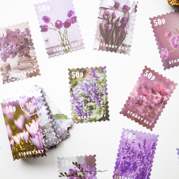 切手風　お花のフレークシール　50枚　purple rain　[AY205] 1枚目の画像