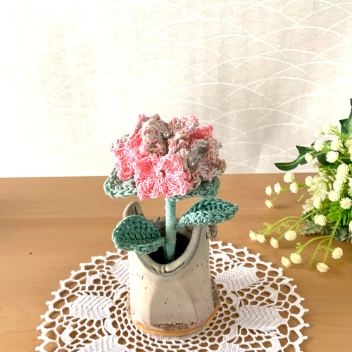 編み花・紫陽花・鉢植え・ピンクミックス・あみぐるみ・枯れない花