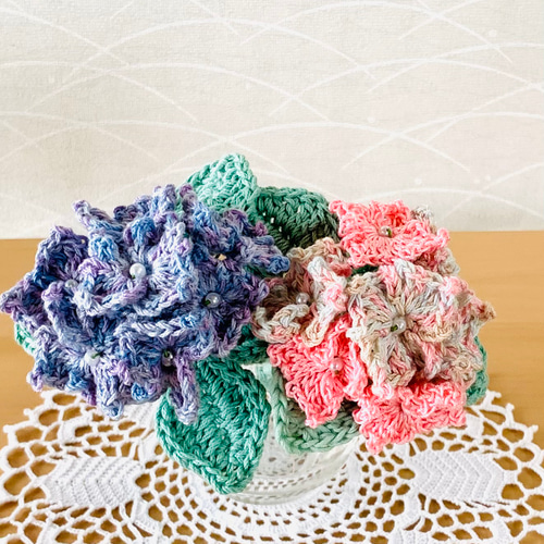 編み花・紫陽花・鉢植え・ピンクミックス・あみぐるみ・枯れない