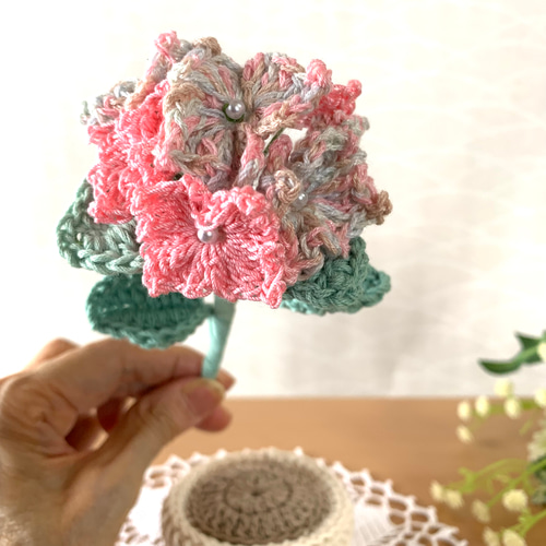 編み花・紫陽花・鉢植え・ピンクミックス・あみぐるみ・枯れない花