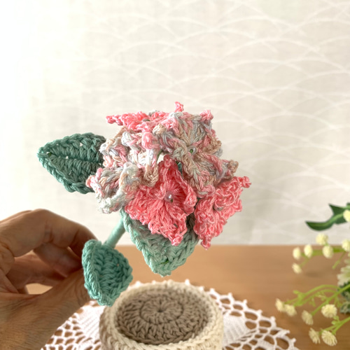 編み花・紫陽花・鉢植え・ピンクミックス・あみぐるみ・枯れない