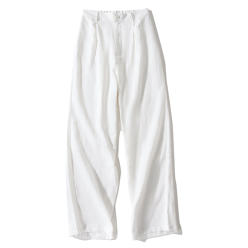 リネンロングパンツ　水洗いリネンパンツ　　楽ちんのゴムウエスト　ホワイト　XS-Lサイズ　L237