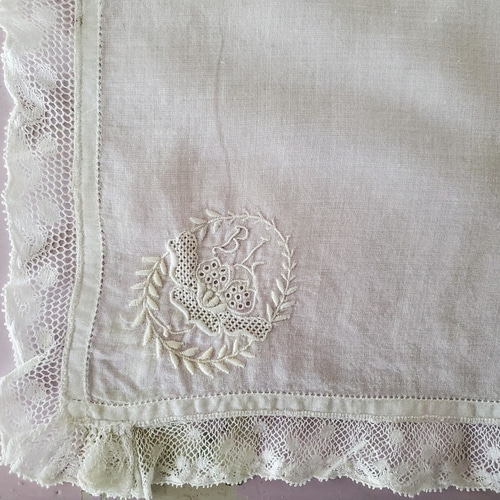 フランスアンティーク レースハンカチ イニシャル刺繍 ハンカチ