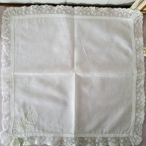 フランスアンティーク レースハンカチ イニシャル刺繍 ハンカチ