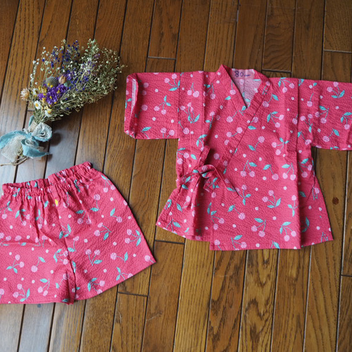 送料無料】子ども 甚平上下セット さくらんぼ柄 赤ピンク 子供服 with