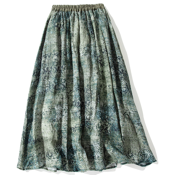 プリントリネンスカート　涼しげなグリーン系プリント　ゴムウエストスカート　裏地付き　S-XLサイズ　L238　 2枚目の画像