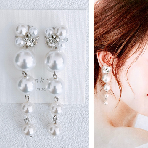 結婚式イヤリング ピアス ブライダル シルバー パール 大粒 ロング