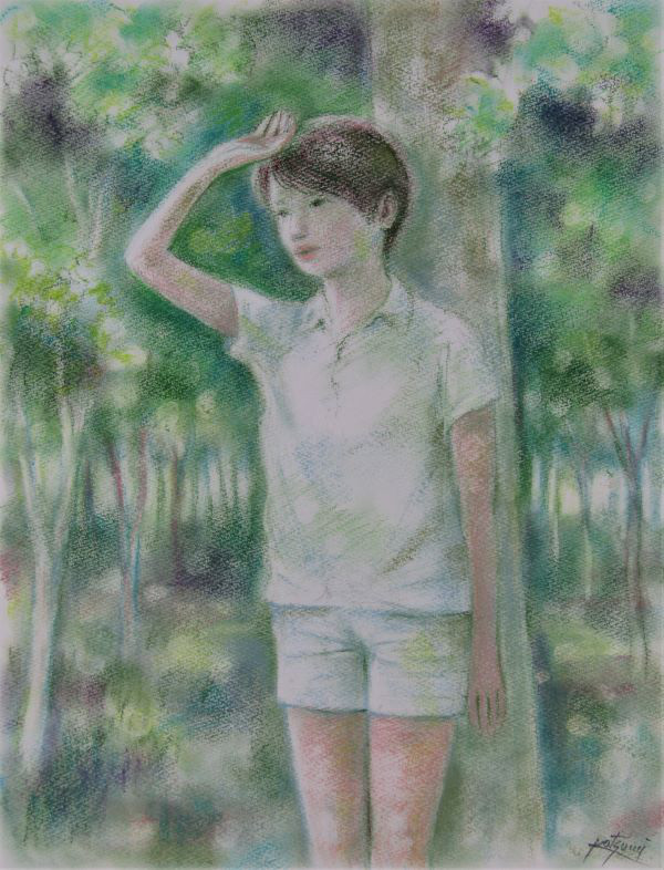 バラと少女 パステル画