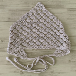 バブーシュカ　大人スカーフ　ヘッドドレス　ヘアバンド　かぎ針編み　手編み　三角巾　バンダナ　　クロシェ　カフェ　ベージュ 6枚目の画像