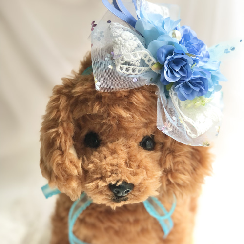ちょいみー様★専用　　トリミングチョーカー　撮影　花　ウエディングベール　犬 犬お花チョーカー《ブルーウェディング》 犬猫アクセサリー 写真