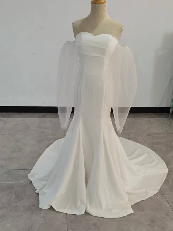 フランス風 ベアトップ ウエディングドレス 前撮り 取り外し可能 長袖  