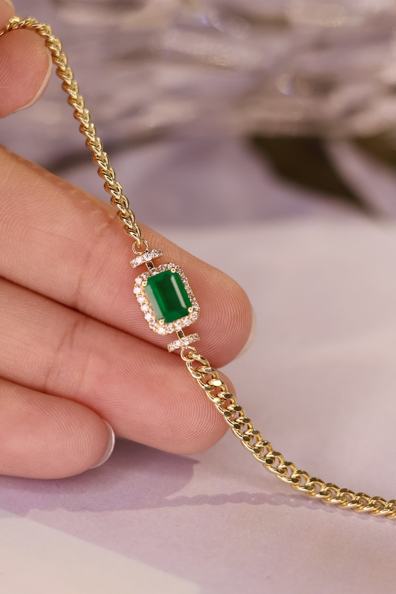天然ダイヤモンド付きエメラルドブレスレットk18 ブレスレット パール
