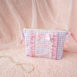【Miyuuuページ】入園入学グッズ(小花&リボン×フリル×シェルピンク) キッズポシェット（パープル系）♡編み上げリボン・フリル♡可愛い