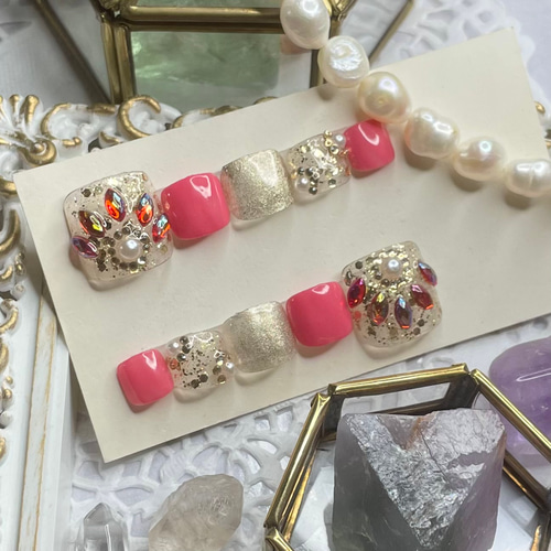 サイズオーダー♡エスニック風ビジューフットネイルチップ ピンク size  