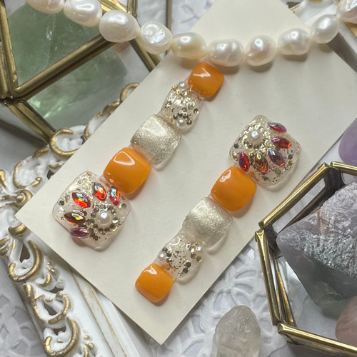 サイズオーダー♡エスニック風ビジューフットネイルチップ オレンジ  