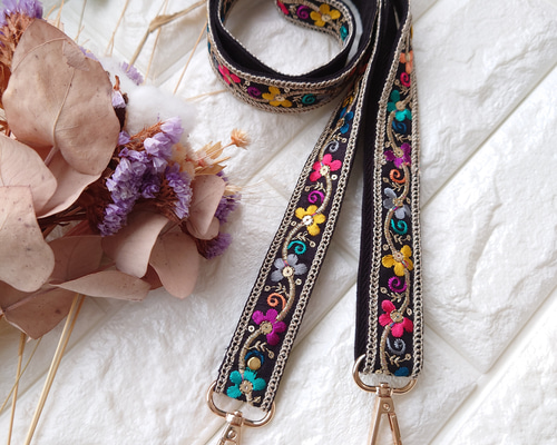 インド刺繍リボン　ショルダー インド刺繍リボンのショルダー紐/幅2.5cm/ブラック×カラフル