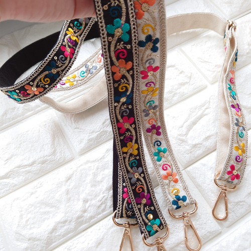 インド刺繍リボンのショルダー紐/幅2.5cm/ブラック×カラフル