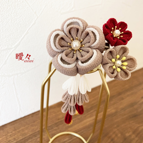 髪飾り アイボリー×グレージュ つまみ細工 七五三髪飾り＊くすみカラー