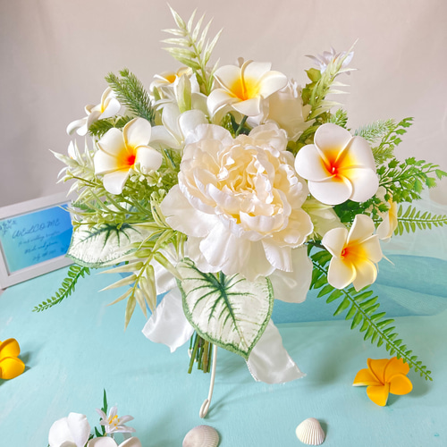 プルメリア　ウェディングブーケリゾートブーケ　ブートニア付き プルメリアブーケ・ブートニアセット ホワイトブルー バラ アート