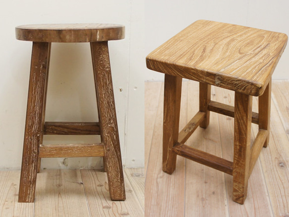 2脚セット 古材 オールドチーク材のスツール 30R 30SQ 無垢材の