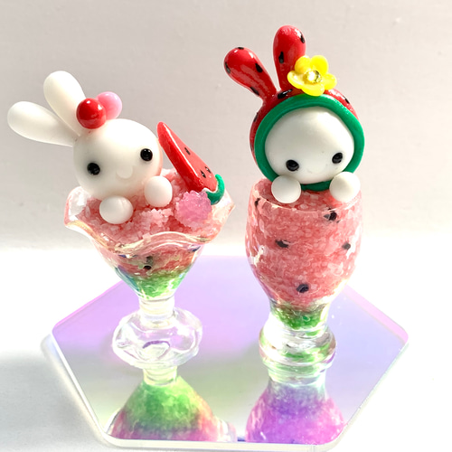 ☆すいかかき氷とうさぎちゃん2種セット(受注生産) 樹脂粘土 ☆すいかかき氷とうさぎちゃん2種セット(受注生産) 樹脂粘土