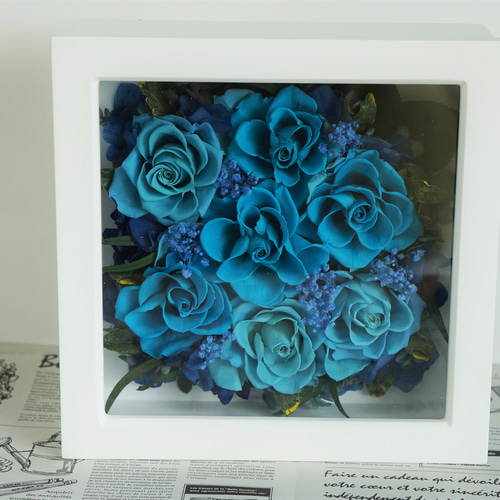 プリザーブドフラワー額アレンジ ・ゆめかなう青いバラ/ばら・7本の
