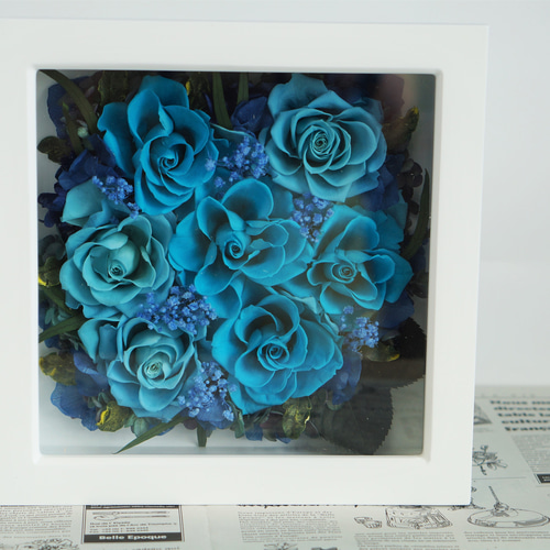 プリザーブドフラワー額アレンジ ・ゆめかなう青いバラ/ばら・7本の