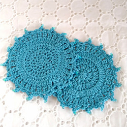 コットン糸ビーズ飾りコースター 青色 2枚セット 2枚目の画像