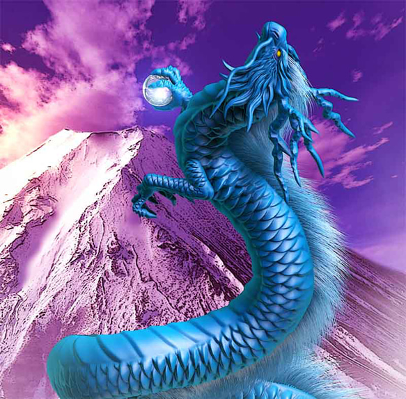 龍の絵「富士と昇龍・青龍」自作A4　竜の絵 2枚目の画像