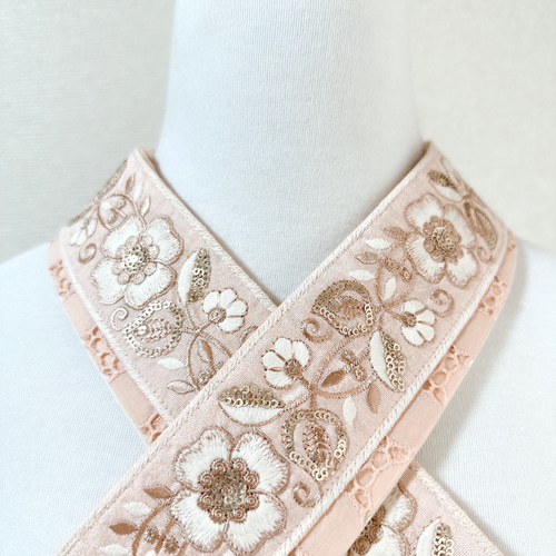かんたん半衿 2wey インド刺繍リボン×サークルレース ピンク