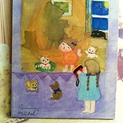 アート、イラスト、原画、水彩パステル、色鉛筆、子供、ほのぼの、1品もの「月夜の楽しいお遊び」 7枚目の画像