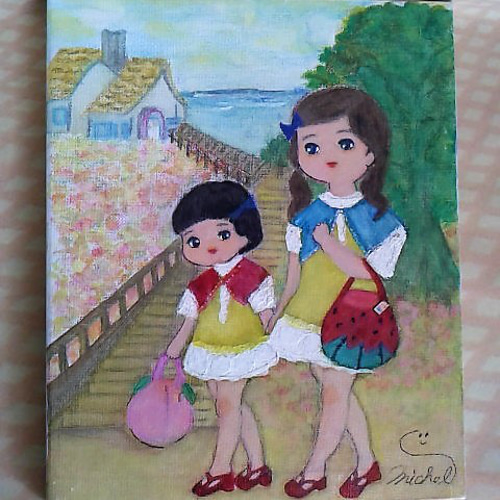アート、イラスト、原画、水彩パステル、色鉛筆、子供、レトロ