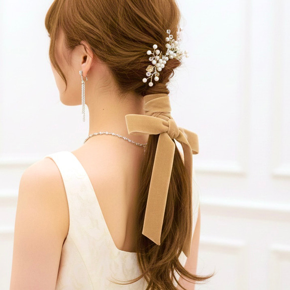 キャメル / フック付き ワイド ベロアリボン ヘアリボンポニーフック