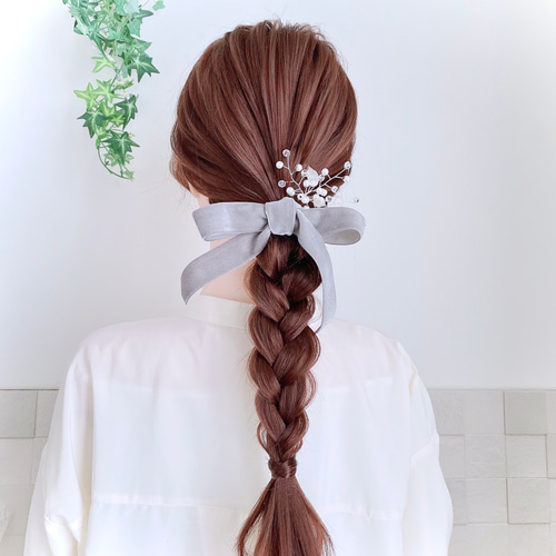グレー / フック付き ワイド ベロアリボン ポニーフック