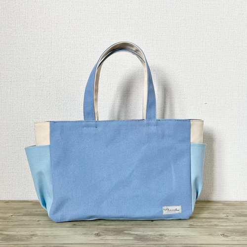 Mサイズ】ブルー系 手提げバッグ トートバッグ akaneko サイドポケット