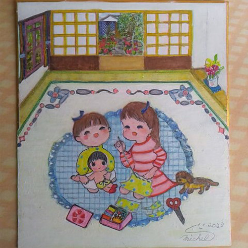 アート、イラスト、原画、水彩絵の具、パステル、色鉛筆、子供、昭和