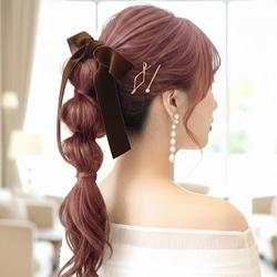♥️100 ダークブラウン / フック付き ワイド ベロアリボン ポニー