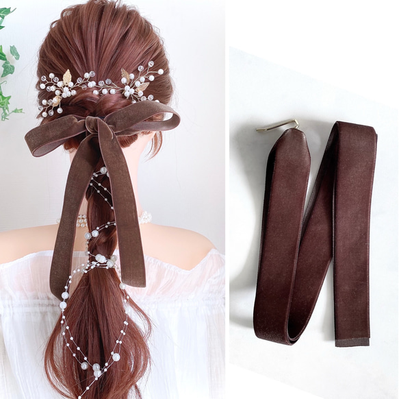 ♥️100 ダークブラウン / フック付き ワイド ベロアリボン ポニー