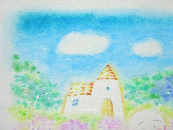 ✻【原画】光あふれ風そよぐ、ラベンダー畑 / ポテとゆきだるまん no.178 水彩画　2021.08.05～ 6枚目の画像