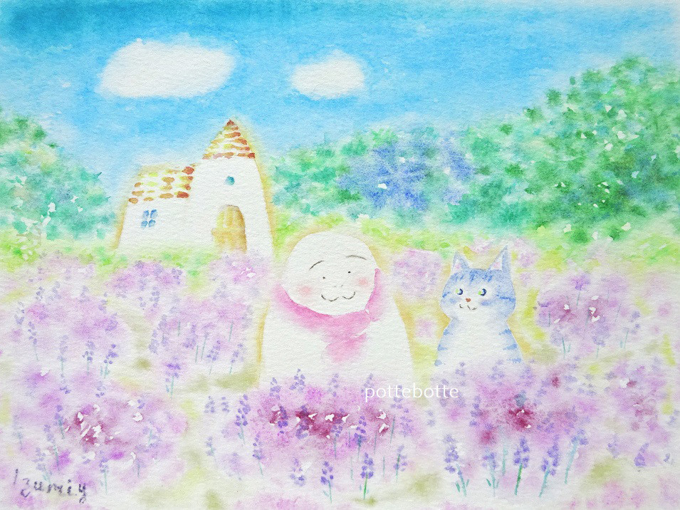 けい様用　自作絵画　青い車でどこへ行こう　猫とうさぎの絵　夜空のラベンダー畑の猫 原画 「お花畑でおやすみにゃん」 F10号 ＃絵画 ＃ねこ ＃猫の絵