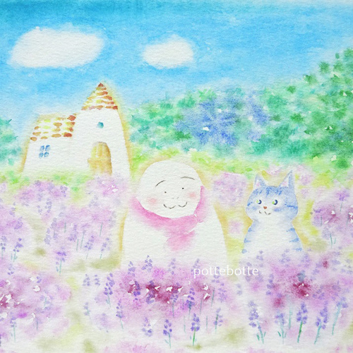 RUKURUKUさま専用（原画）夕日が見える花畑の丘【SM／水彩画／#2239