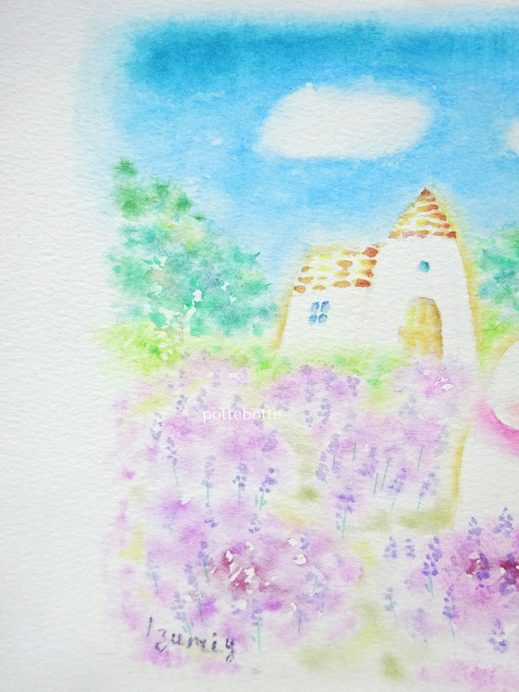 ✻【原画】光あふれ風そよぐ、ラベンダー畑 / ポテとゆきだるまん no.178 水彩画　2021.08.05～ 3枚目の画像