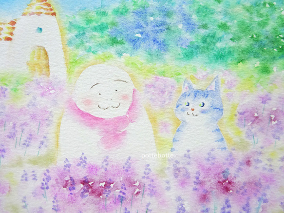 ✻【原画】光あふれ風そよぐ、ラベンダー畑 / ポテとゆきだるまん no.178 水彩画　2021.08.05～ 2枚目の画像